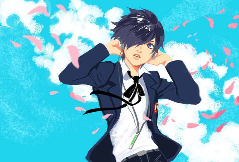 1boy, arisato_minato, blue_eyes, blue_hair, hair_over_one_eye, headphones, magatsumagic, persona, persona_3, petals, school_uniform, solo