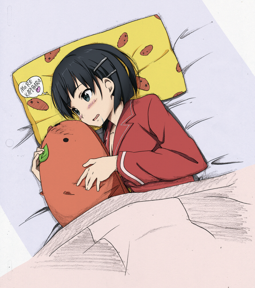 1girl, amage_kanade, bed, black_eyes, black_hair, blush, capybara, capybara-san