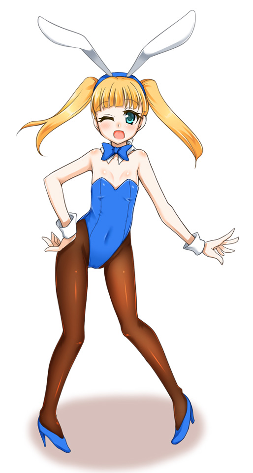 1girl, animal_ears, blonde_hair, bowtie, bunny_ears, bunnysuit, detached_collar, gokubuto_mayuge, green_eyes, idolmaster, idolmaster_cinderella_girls, long_hair, mary_cochran, pantyhose, rabbit_ears, solo, twintails, wrist_cuffs