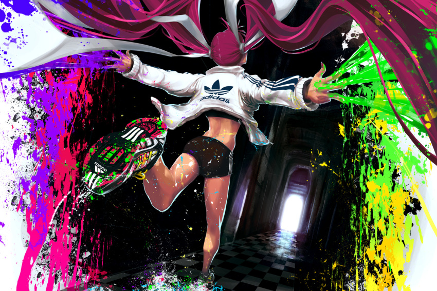 adidas, back, colorful, from_behind, ivan_flores, long_hair, paint, product_placement