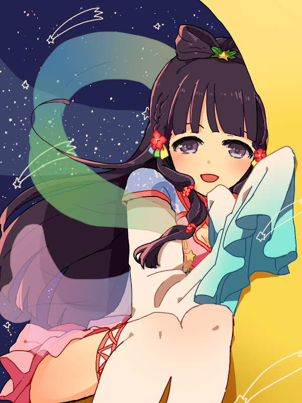 1girl, black_eyes, black_hair, braid, flower, hagoromo, hair_flower, hair_ornament