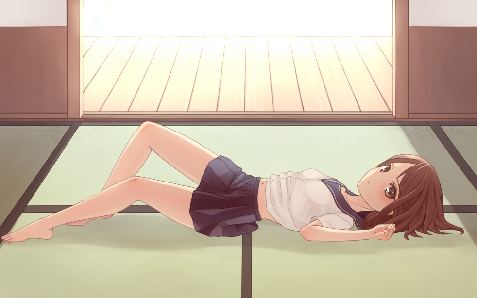 1girl, barefoot, brown_eyes, brown_hair, legs, lying, mikeseneko, on_back