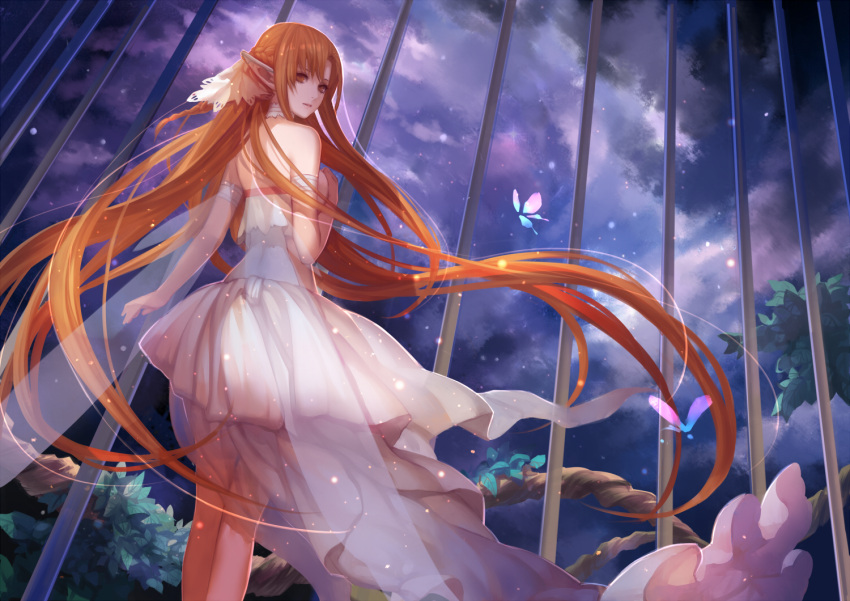 asukaziye, asuna_(sao), bare_shoulders, braid, brown_eyes, brown_hair, butterfly, cage