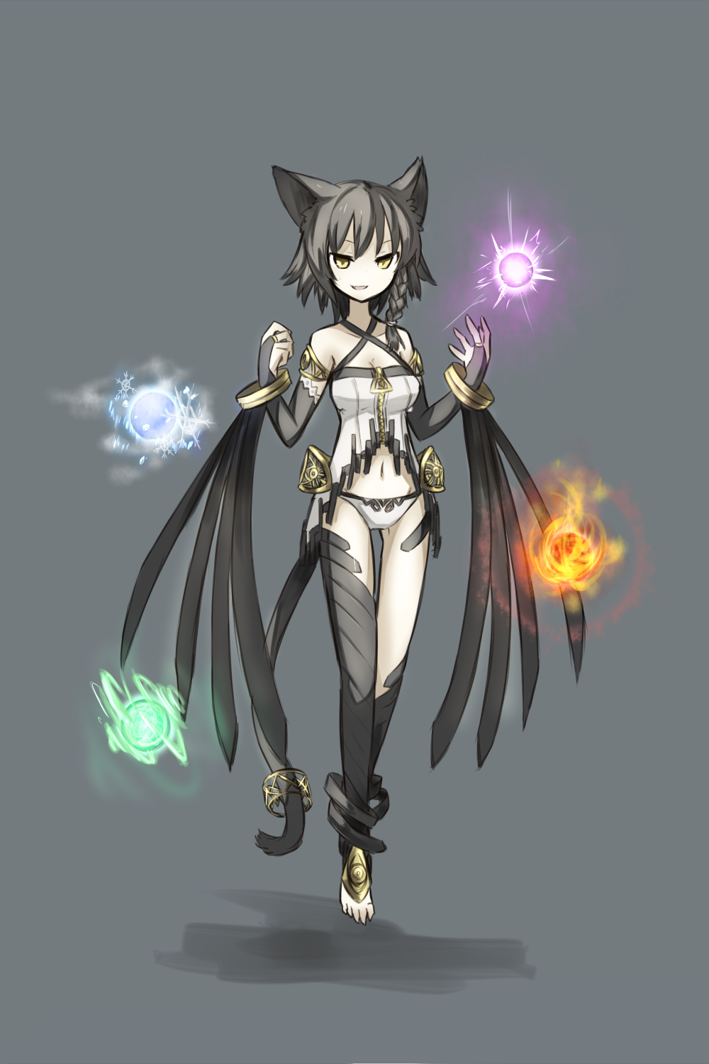 1girl, animal_ears, black_hair, braid, breasts, cat_ears, cat_tail, elements, highres, long_hair, original, sakuto_kazanami, simple_background, smile, solo, tail, yellow_eyes