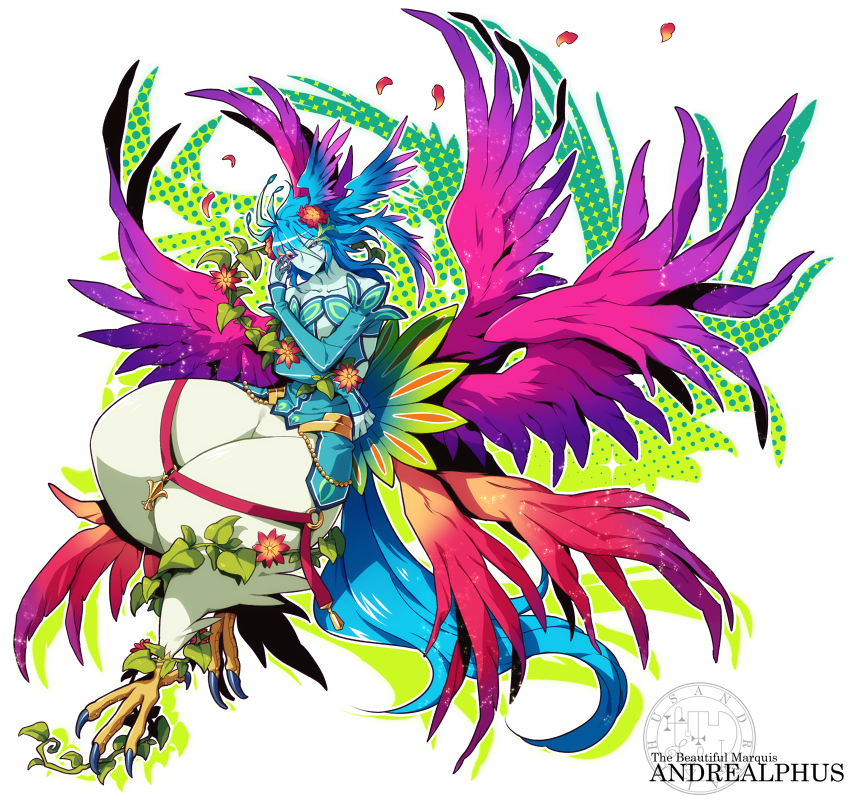 1boy, andrealphus_(mygrimoire), ars_goetia, blue_hair, character_name, kyousaku, leaf, male, monster_boy, mygrimoire, original, petals, talons, wings