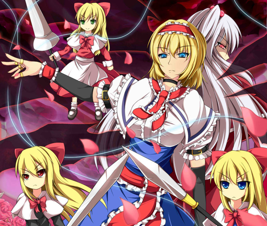 2girls, alice_margatroid, arm_warmers, artist_request, blonde_hair, blue_eyes, choker, flower, glowing, green_eyes, lance, multiple_girls, multiple_wings, petals, polearm, red_eyes, ribbon, shanghai_doll, shinki, silver_hair, spear, string, sword, touhou, uumenn, weapon, wings