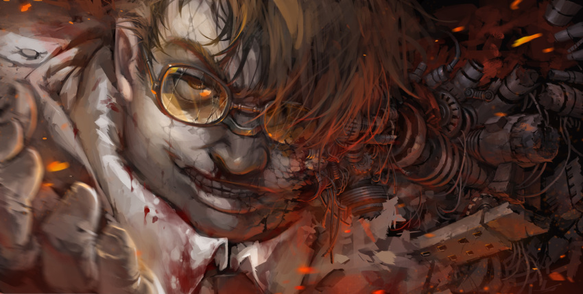 blood, cyborg, glasses, grin, hellsing, major_(hellsing), rained, realistic