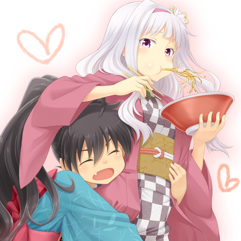 2girls, black_hair, bowl, chopsticks, eating, fang, food, ganaha_hibiki