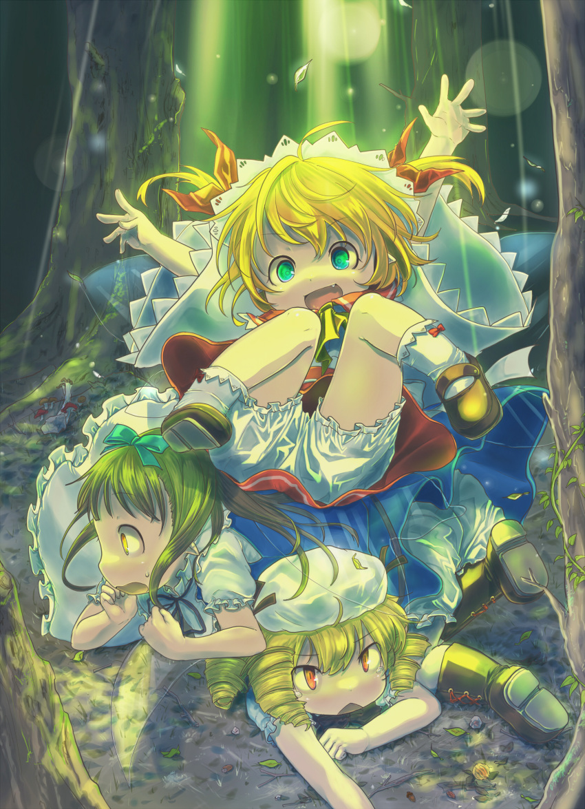 3girls, black_hair, blonde_hair, bloomers, bow, chestnut_mouth, child, drill_hair