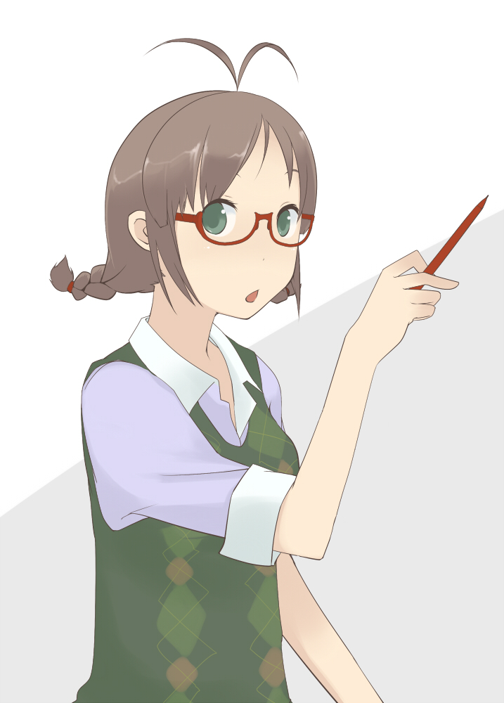antenna_hair, argyle, bad_id, braid, breasts, brown_eyes, brown_hair, college_of_angel_(idolmaster)