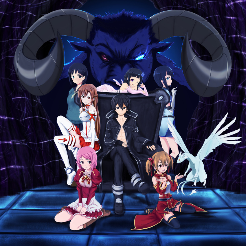 1boy, 6+girls, asuna_(sao), demon, dragon, female, highres, ichiban_ushiro_no_daimaou