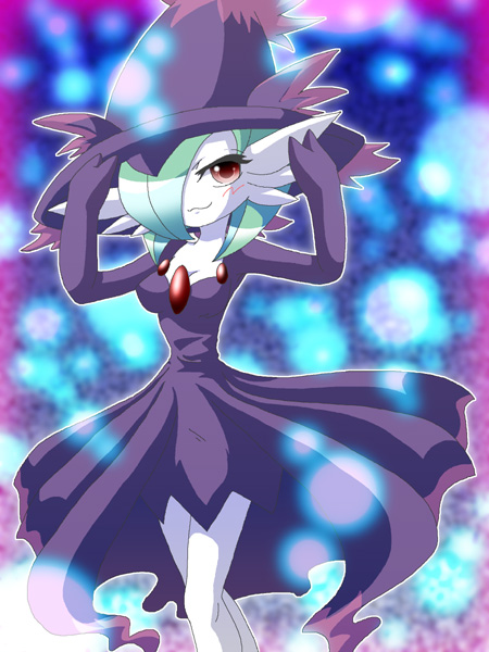 alternate_costume, blush, clothed_pokemon, cosplay, costume, gardevoir, hat, mismagius, mismagius_(cosplay), no_humans, pokemon, pokemon_(creature), red_eyes, smile, solo, white_moon, witch_hat