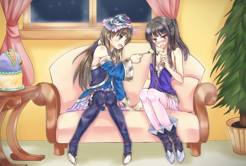 2girls, atelier_(series), atelier_meruru, blush, boots, brown_eyes, brown_hair, couch