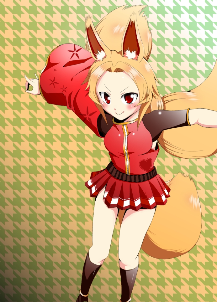 1girl, animal_ears, blush, breasts, brown_hair, fox_ears, fox_tail, heart