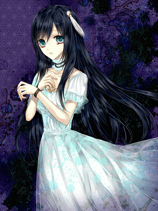 1girl, black_hair, choker, dress, fatal_frame, fatal_frame_purple_diary, green_eyes, hair_ornament