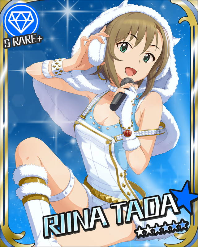 1girl, blue_background, boots, brown_hair, capelet, character_name, diamond, earmuffs