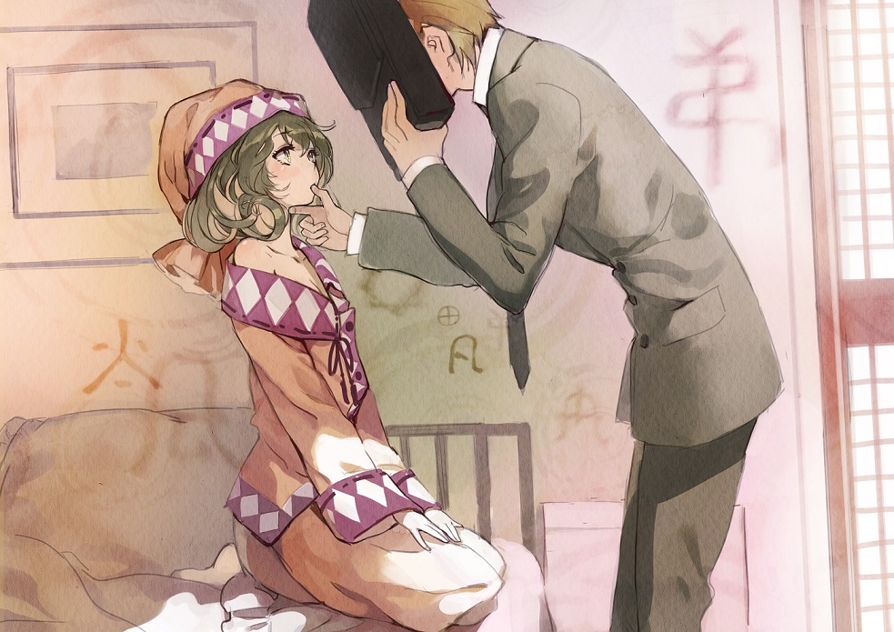 1boy, 1girl, barefoot, bed, briefcase, brother_and_sister, brown_eyes, brown_hair