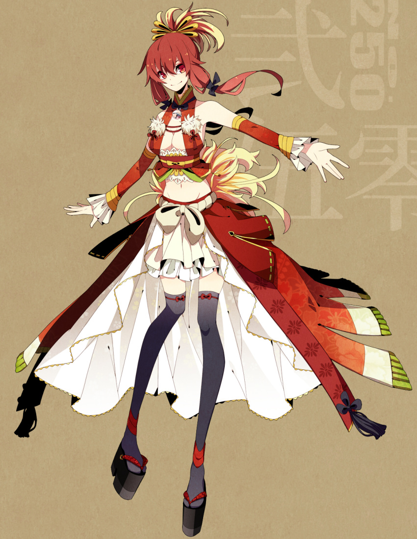 1girl, bare_shoulders, bell, breasts, cleavage, detached_sleeves, geta, highres