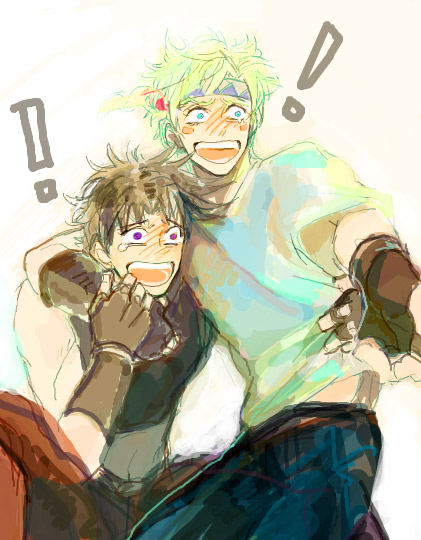 blonde_hair, blue_eyes, blush, brown_hair, caesar_anthonio_zeppeli, facial_mark, feathers, fingerless_gloves