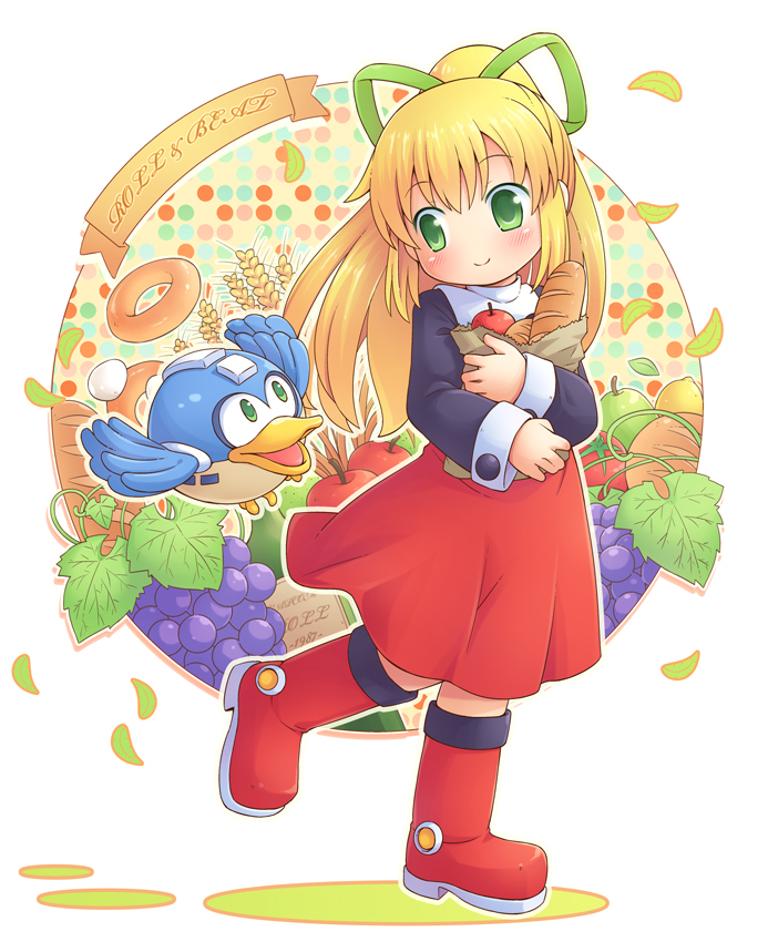 1girl, apple, bag, bagel, beak, beat_(rockman), bird, blonde_hair