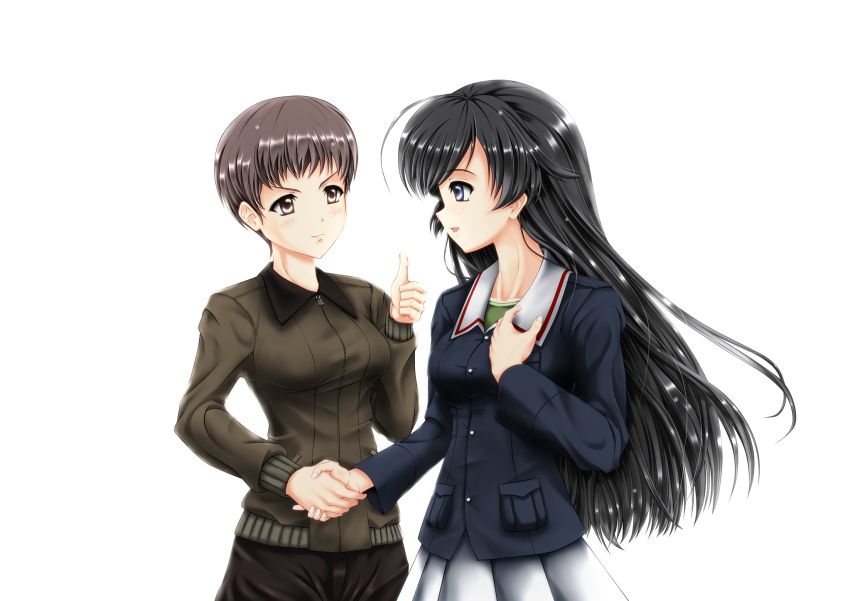 2girls, black_hair, brown_eyes, brown_hair, girls_und_panzer, handshake, isuzu_hana, jacket