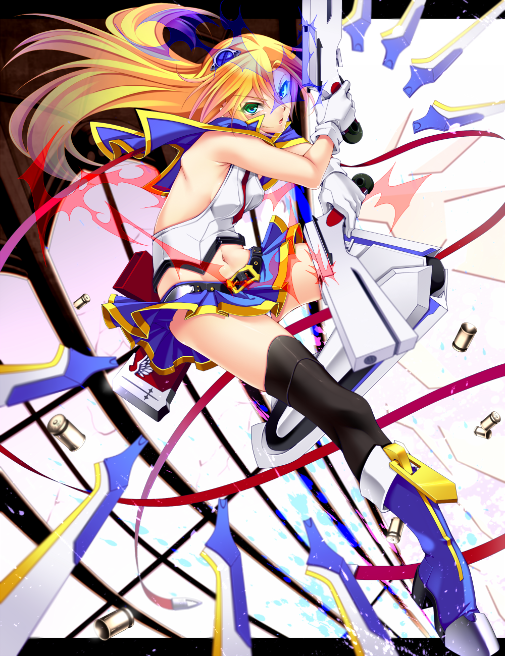 1girl, black_legwear, blade, blazblue, blazblue:_chrono_phantasma, blonde_hair, blue_eyes, boots, dual_wielding, eyes, funnels, gloves, glowing, green_eyes, gun, hair_ornament, hairpin, heterochromia, highres, long_hair, miniskirt, mu-12, necktie, noel_vermillion, sayo_wini, serious, skirt, solo, thigh-highs, thighhighs, weapon