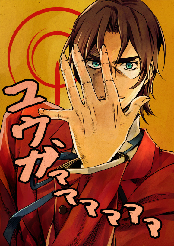 1boy, araki_hirohiko_(style), blue_eyes, brown_hair, command_spell, facial_hair, fate/zero, fate_(series)