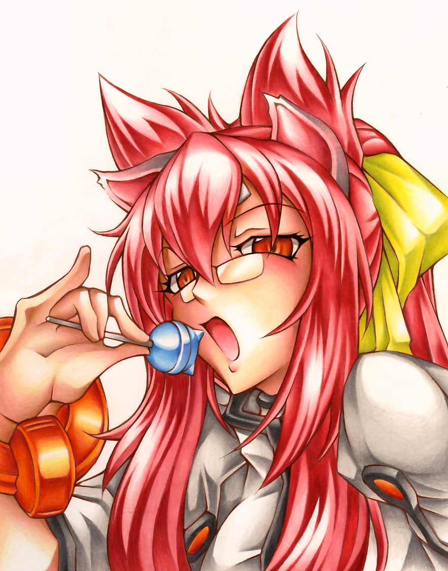 1girl, animal_ears, blazblue, bracelet, brown_eyes, candy, cat_ears, glasses