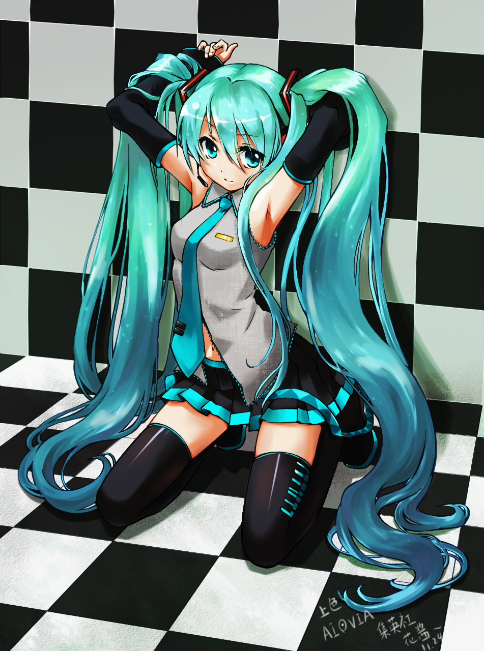 1girl, aqua_eyes, aqua_hair, armpits, artist_name, checkered, checkered_floor, detached_sleeves, hatsune_miku, highres, kneeling, lawliert, long_hair, necktie, signature, solo, thigh-highs, thighhighs, very_long_hair, vocaloid