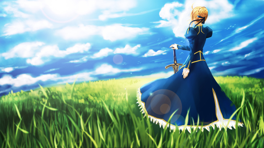 1girl, ahoge, blonde_hair, caliburn, dress, fate/stay_night, fate_(series), field