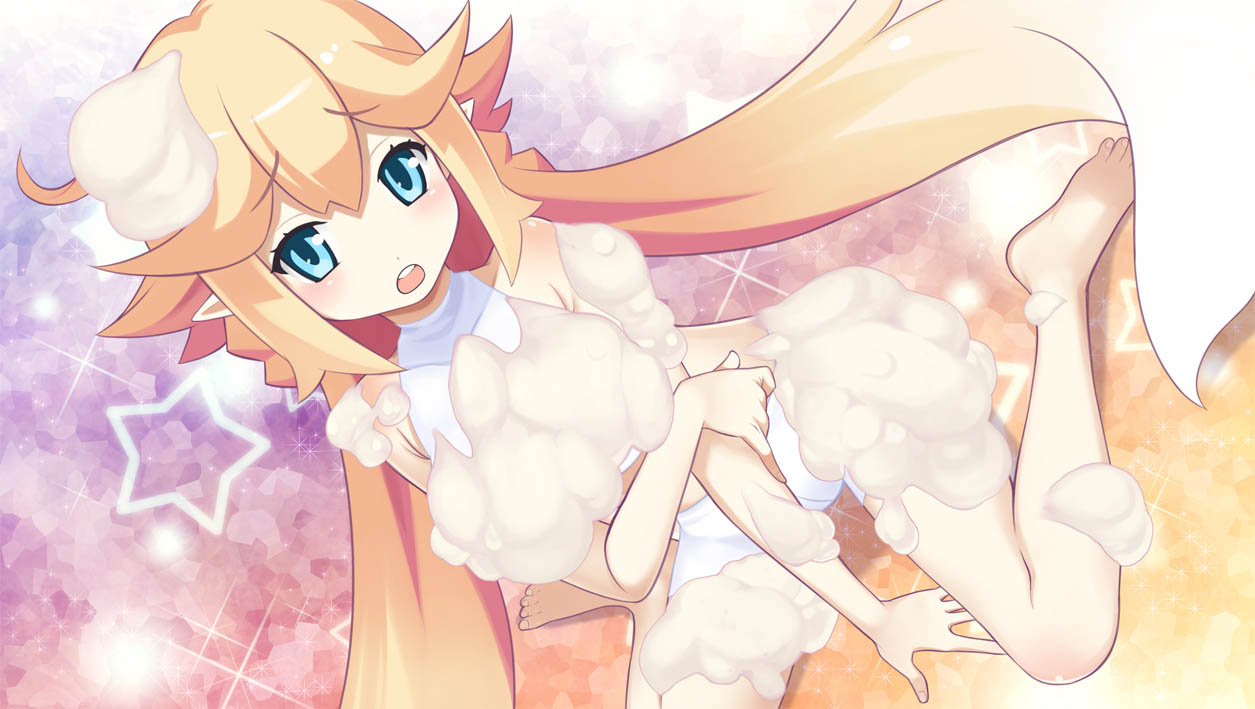 1girl, attouteki_yuugi_mugen_souls_z, barefoot, bike_shorts, blonde_hair, blue_eyes, dutch_angle, gradient