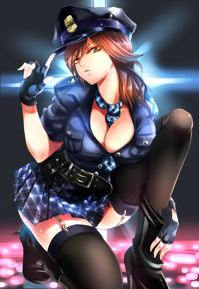 1girl, belt, between_breasts, black_legwear, breasts, brown_eyes, brown_hair, cleavage