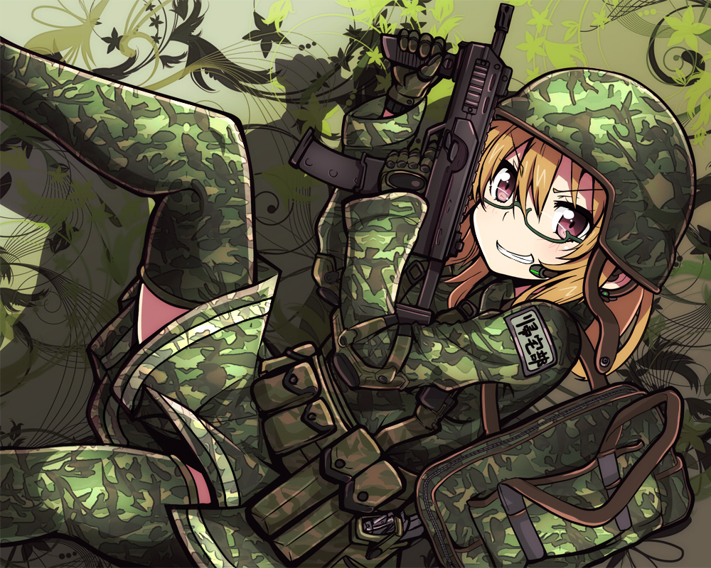 1girl, bag, blonde_hair, blush, camouflage, glasses, gloves, grin