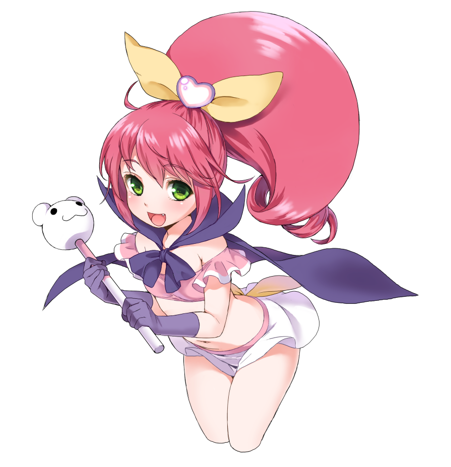 cape, character_request, fang, gloves, green_eyes, navel, pink_hair, ponytail, pop'n_music, pop'n_music, purecle_lip, sato3, skirt, wand