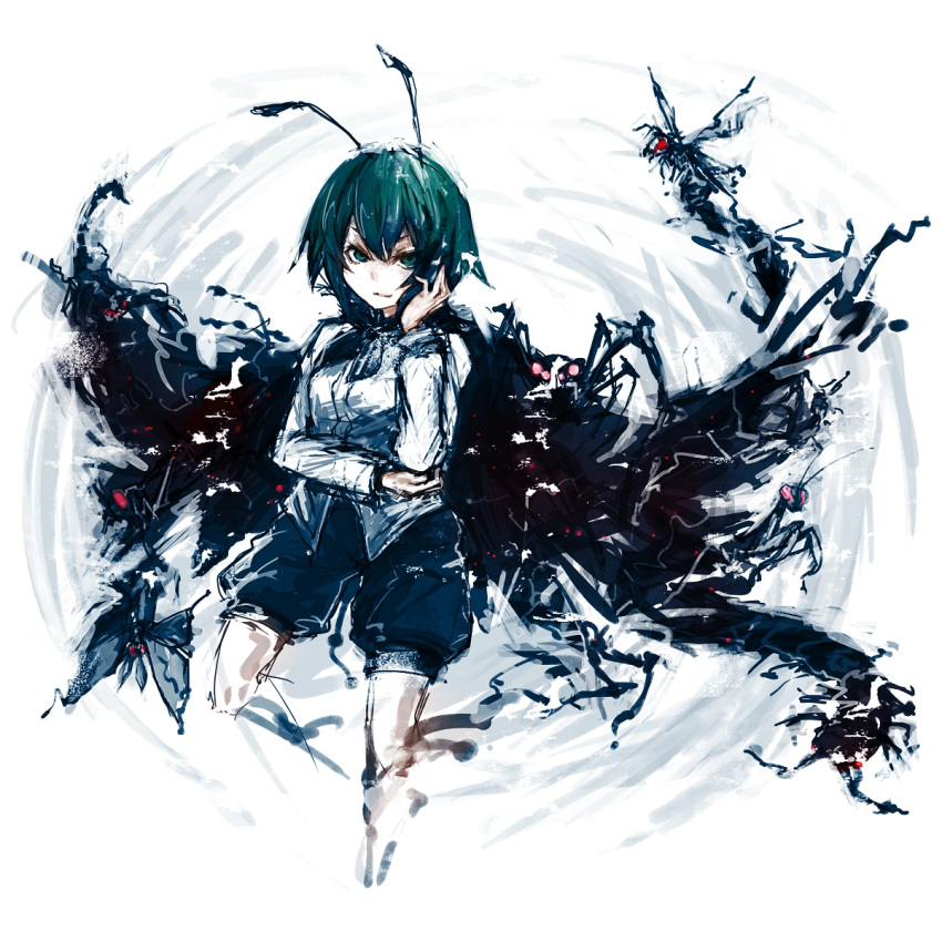 1girl, antennae, beetle, bug, glowing, glowing_eyes, green_eyes, green_hair