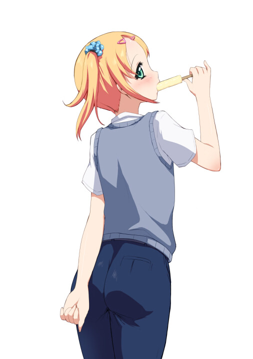 1boy, androgynous, arm_behind_back, ass, blush, copyright_request, eating, ereraero