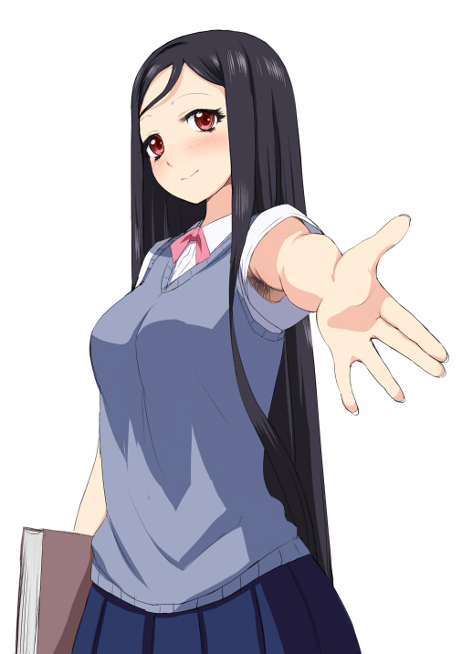 1girl, armpit_hair, black_hair, blush, book, copyright_request, ereraero, long_hair, looking_at_viewer, outstretched_arm, outstretched_hand, red_eyes, ribbon, simple_background, skirt, smile, solo, uniform, up_sleeve, very_long_hair, vest, white_background