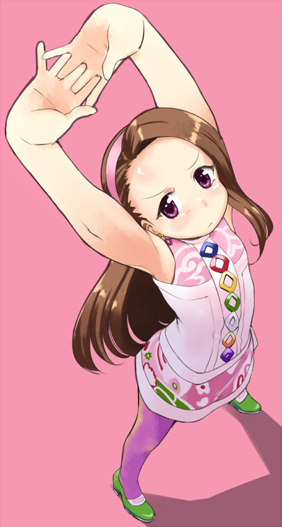 1girl, armpits, arms_up, brown_hair, dress, earrings, ereraero, from_above