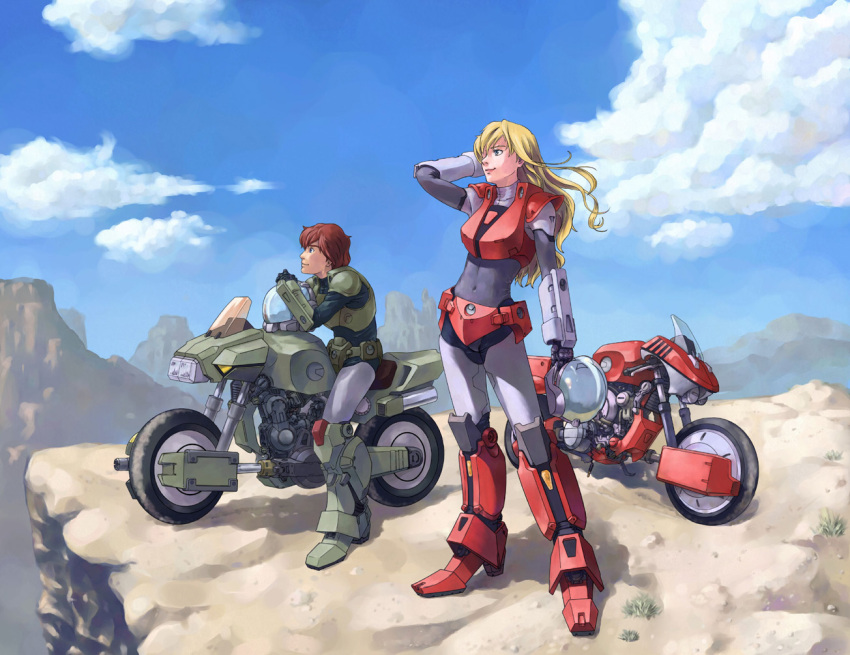 1boy, 1girl, 80s, armor, blonde_hair, blue_eyes, brown_hair, cliff