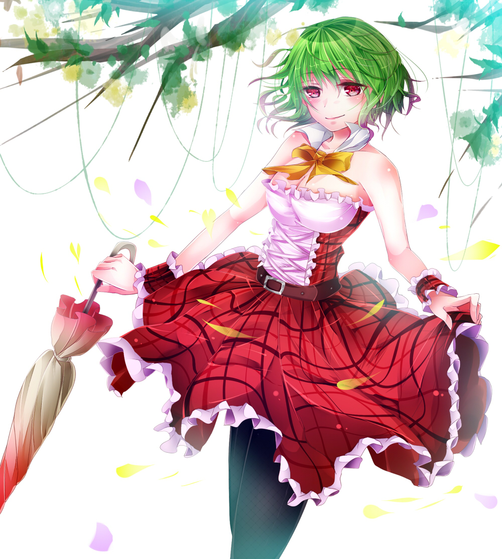 1girl, ascot, bare_shoulders, belt, black_legwear, breasts, detached_collar, dress