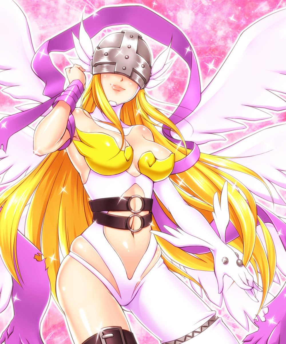 1girl, angel_wings, angewomon, asymmetrical_clothes, bare_shoulders, belt, blonde_hair, breastplate, breasts, buckle, cleavage, digimon, digimon_adventure, hagoromo, head_wings, helmet, highres, long_hair, multiple_wings, navel, shawl, skindentation, solo, sparkle, suzaku4752, thigh_strap, wings
