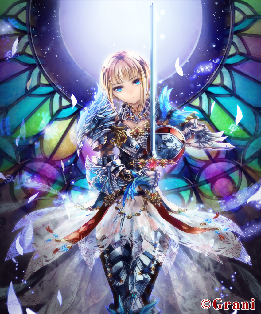 1girl, absurdres, armor, armored_dress, blonde_hair, blue_eyes, feathers, highres