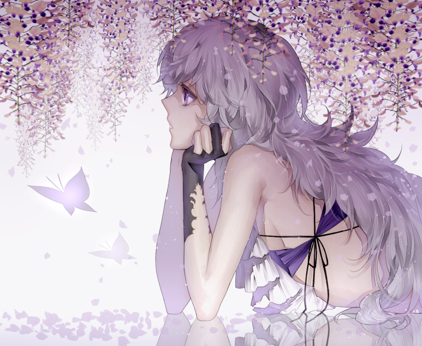 1girl, butterfly, flower, gloves, kazari_tayu, long_hair, lying, open_mouth