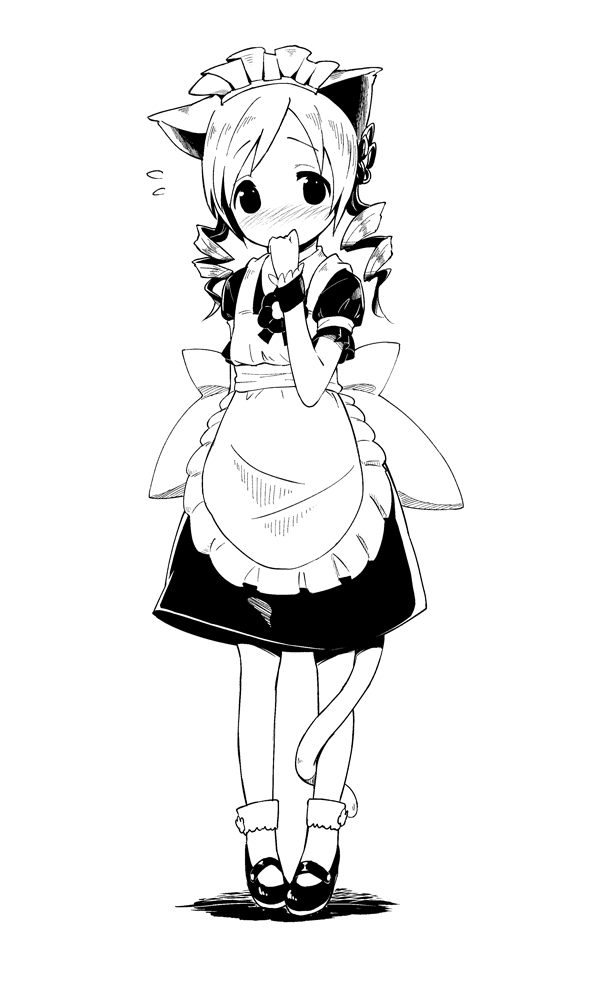 1girl, alternate_costume, animal_ears, apron, blush, cat_ears, cat_tail, drill_hair