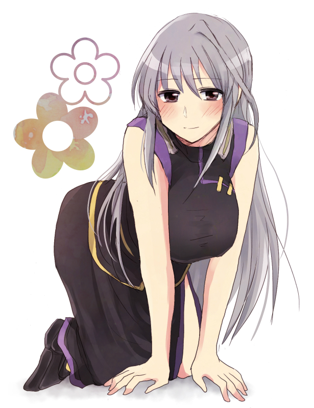 1girl, all_fours, blush, breasts, flower, large_breasts, long_hair, lyrical_nanoha