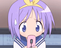 animated_gif, blue_eyes, blush, cell, cellphone, female, gif, hiiragi_tsukasa, loli, lowres, lucky_star, phone, purple_eyes, purple_hair, screencap, short_hair