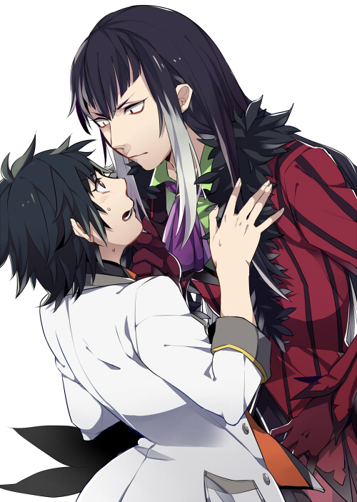 2boys, black_hair, brown_eyes, chin_grab, formal, fur_trim, gloves, jude_mathis