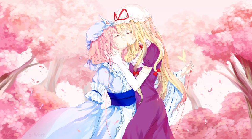 2girls, augetsix, blonde_hair, butterfly, cherry_blossoms, closed_eyes, eyes_closed, hat