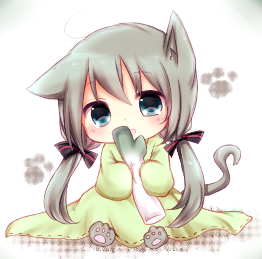 1girl, animal_ears, cat_ears, cat_paws, cat_tail, chibi, dress, green_eyes