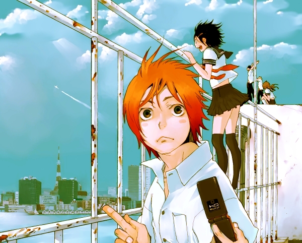 2girls, 3boys, copyright_request, kazue_kato, multiple_boys, multiple_girls, orange_hair, phone, pointing_finger, school_uniform